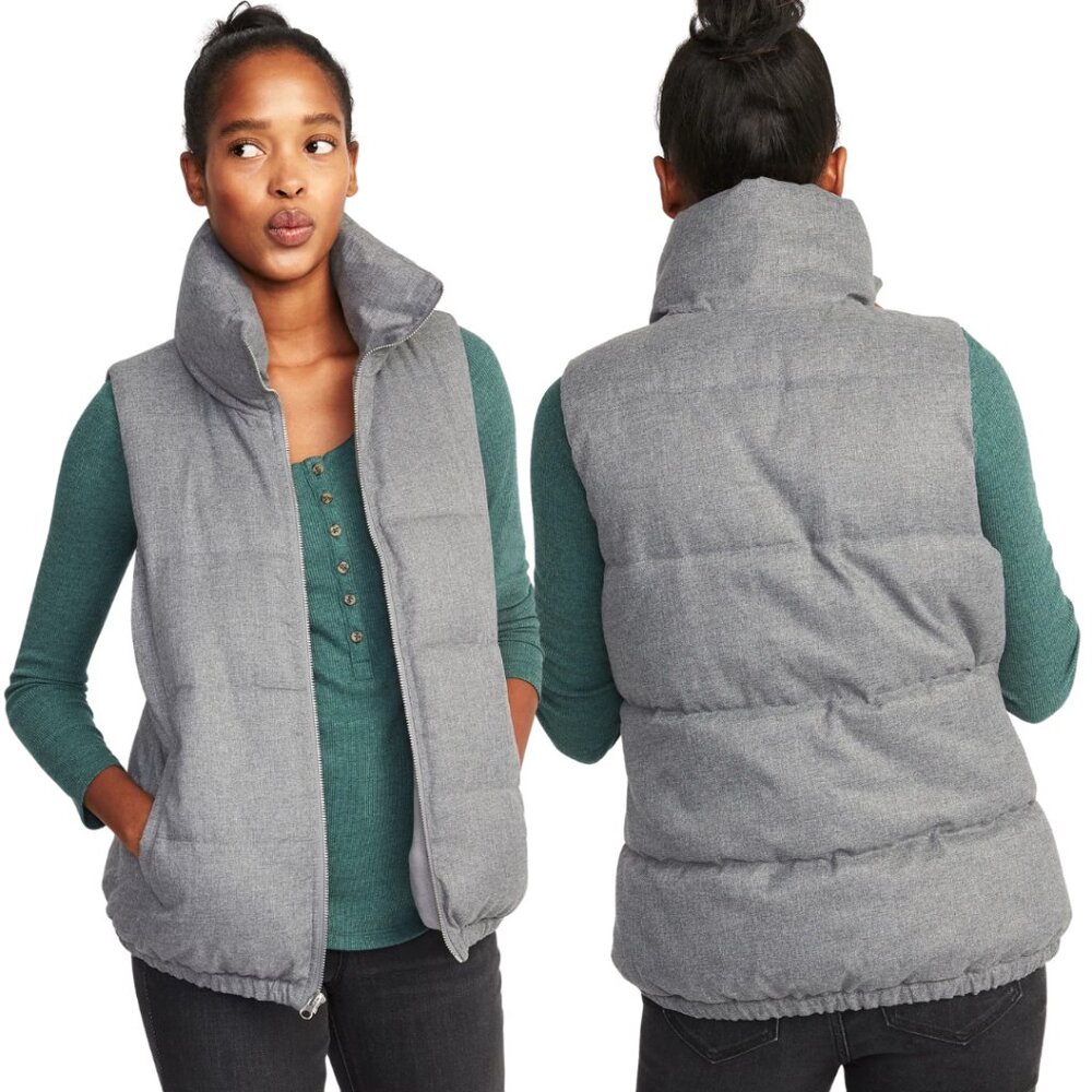 Old Navy Textured Puffer Vest Womens Size XS Frost Free Gray Fleece Lined Zip